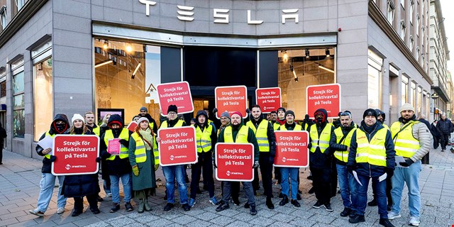 De strejkande på Tesla framför Teslas showroom på Sveavgen