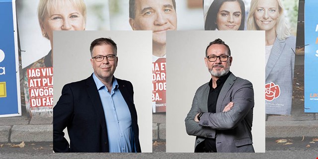 I bakgrunden syns valaffischer och i förgrunden bild på Tomas With och Darko Davidovic