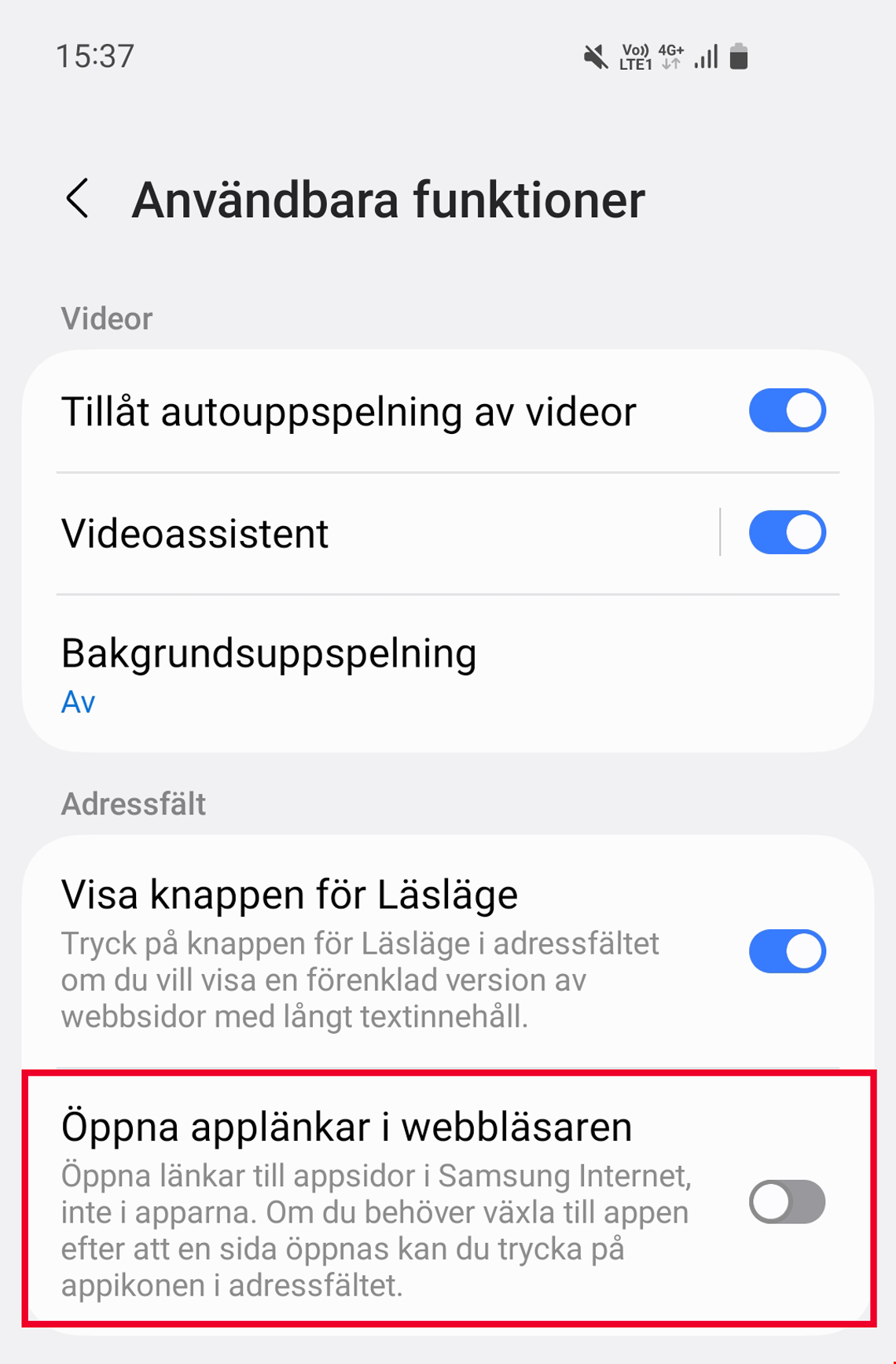 Instruktion hur man stänger av inställningen Öppna applänkar i webbläsaren