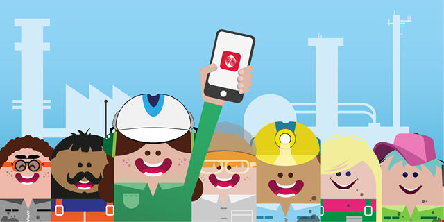 Tecknad illustration av medlemmar i IF Metall där en person håller upp en mobiltelefon.