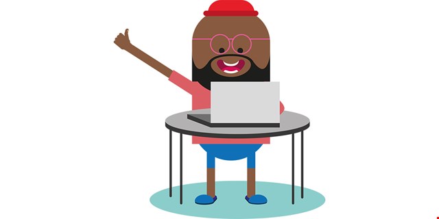 Tecknad bild av en figur med laptop.