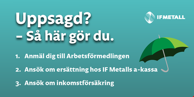 Grafik: text på blågrön bakgrund med ett grönt paraply och IF Metalls logotyp.