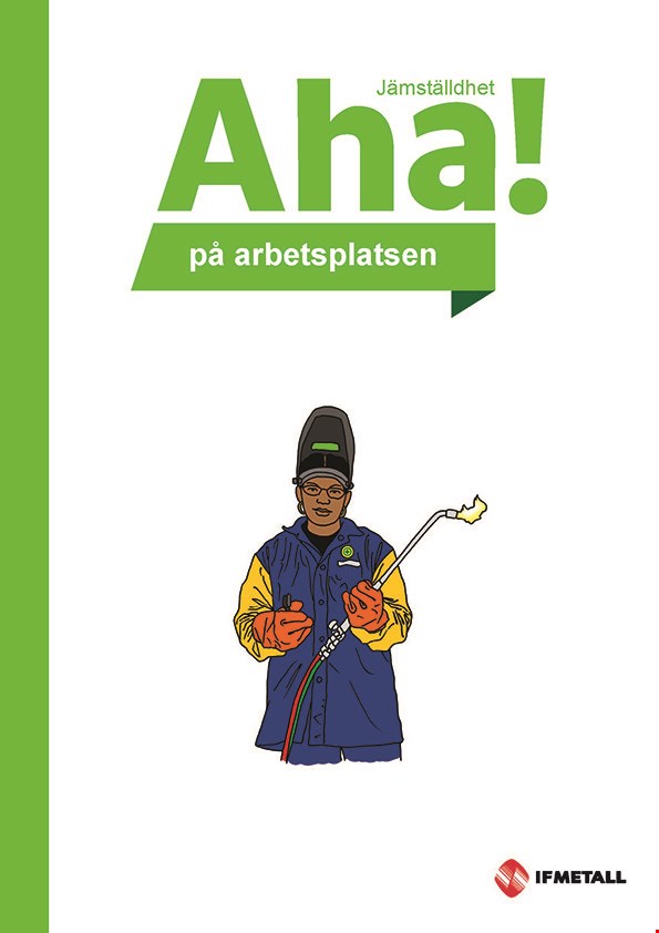Omslag till materialet "Aha! på arbetsplatsen", tecknad bild av medlem som svetsar.