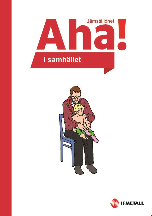 Omslaget till materialet "Aha! i samhället", tecknad bild av person som sitter på en stol med ett litet barn i knät.