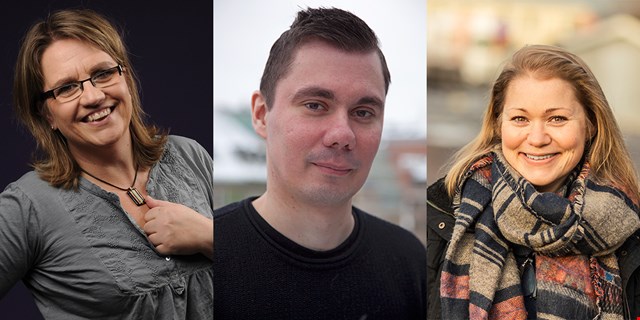Montage av tre porträttbilder: Carola Andersson, Robin Wesche och Sara Skoglund.