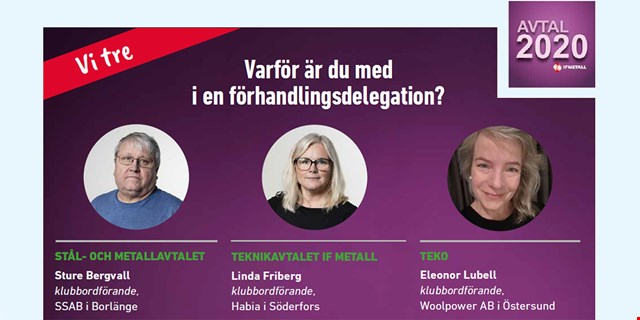 Tre runda porträtt samt namn på de tre tillfrågade delegaterna. Bakgrunden är lila och i högra hörnet syns logotypen för avtal2020.