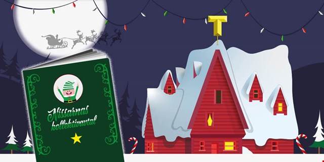 En julillustration. I bakgrunden syns tomtens hus och i förgrunden omslaget till en bok - Nissarnas kollektivavtal