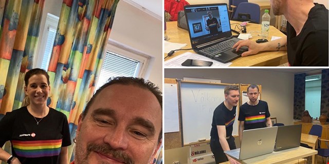 Collage av bilder: förtroendevalda förbereder tekniken inför digital facklig introduktion för 700 personer.
