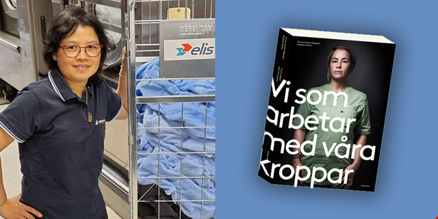 Bild på Khuanla till vänster med en transportbur full med tvätt, på höger sida omslaget till boken Vi som arbetar med våra kroppar