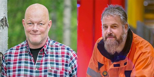 Collage med porträtt på två personer i olika miljöer.