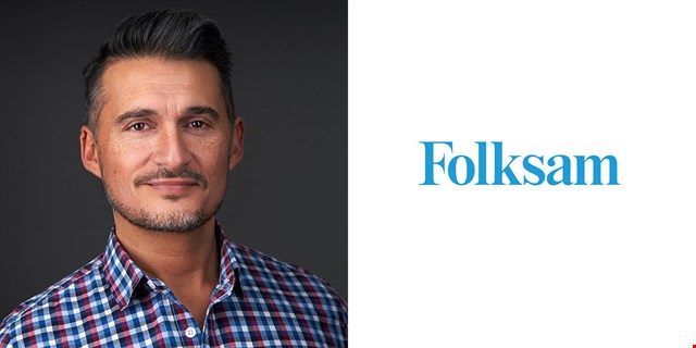Collage med person i rutig skjorta mot mörk bakgrund och Folksams logotyp.