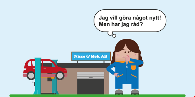 Tecknad illustration, figur med tankebubbla där det står: Jag vill göra något nytt! Men har jag råd?