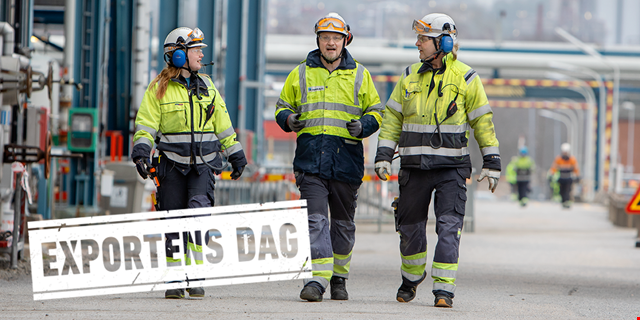 Några av alla exporthjältar som bidrar till en hållbar och klimatsmart industri: Julia Carlsson, Patrik Andersson och Ulf Bernhardsson på Borealis i Stenungsund.