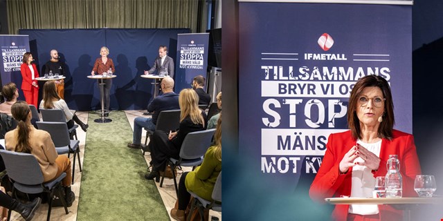 Ett kollage av två bilder från seminariet. Till vänster från scenen med Eva Nordmark, jämställdhets- och arbetsmarknadsminister, Shahab Ahmadian, ordförande för MÄN och Olga Persson, ordförande för Unizon och moderatorn Jonas Nordling. Till höger en närbild på Eva Nordmark.