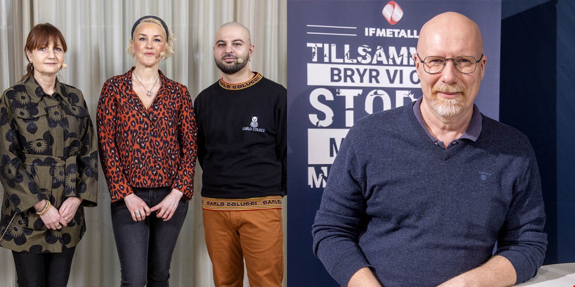 Ett kollage av två bilder. Från vänster Marie Nilsson, IF Metalls förbundsordförande, Shahab Ahmadian, ordförande för MÄN och Olga Persson, ordförande för Unizon. På den andra bilden Hans Andersson, IF Metall.