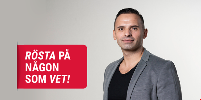 Foto på Besim Matoshi, på bilden står Rösta på någon som vet