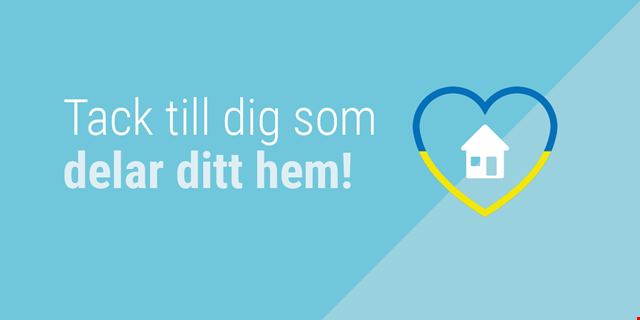 En illustration med ett hus i ett hjärta som har ukrainas färger. På bilden står "Tack till dig som delar ditt hem"