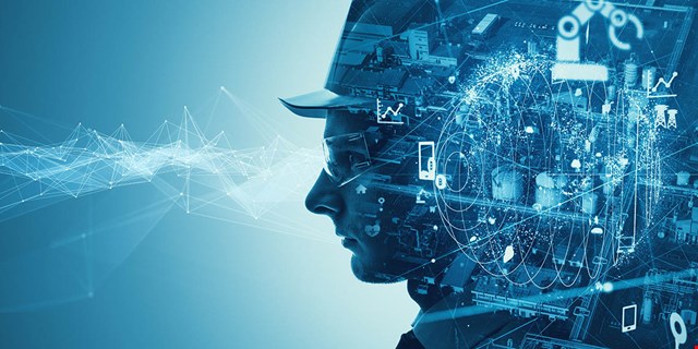 En grafisk bild med ett ansikte och diverse elektronik
