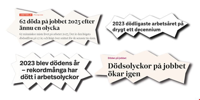 Utklippta tidningsartiklar om arbetsrelaterade dödsolyckor